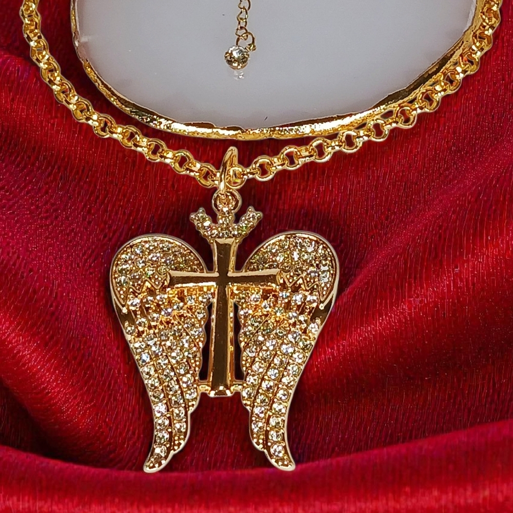 Gold Pave Angel Wings Cross Pendant Choker Necklace Modern Retro Glam Luxe Bling
